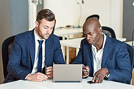 黑色,白人,商务人士,看,笔记本电脑,两个男人,穿,蓝色,套装,工作,办公室,家具