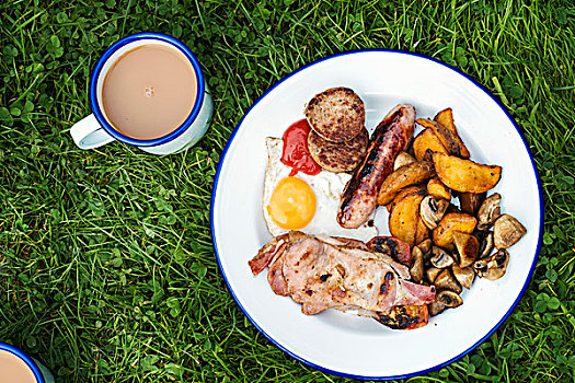 俯拍,英国,早餐,盘子,大杯,茶,草坪