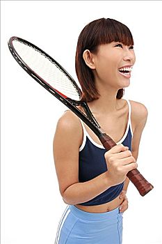 女青年,拿着,网球拍,上方,肩部,微笑