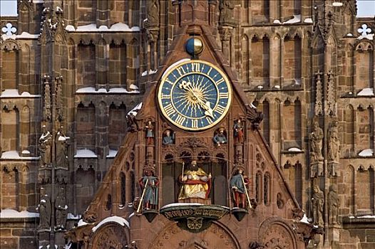 钟表,教堂,中央市场,纽伦堡,巴伐利亚,德国