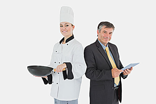 头像,商务人士,拿着,女性,厨师,煎锅,上方,白色背景