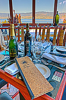 桌面布置,日落,有机,小酒馆,香槟塔,葡萄酒厂,葡萄园,科隆那,不列颠哥伦比亚省,加拿大
