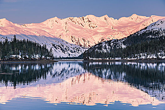 积雪,山,海岸线,树,反射,水,泻湖,楚加奇国家森林,阿拉斯加,美国