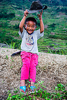 男孩,姿势,世界遗产,稻米梯田,巴纳韦,北方,吕宋岛,菲律宾