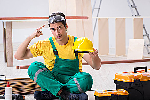 木匠,戴着,黄色,安全帽,承包,工作间