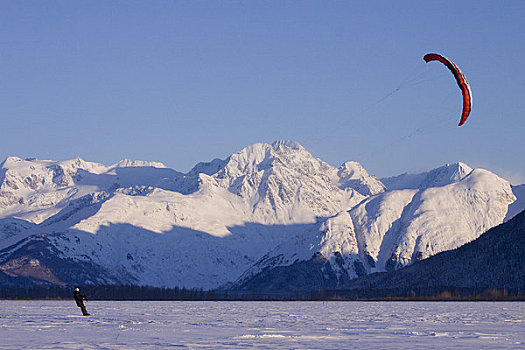 滑雪,波蒂奇,湖,楚加奇山,背景,阿拉斯加
