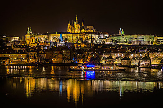 夜景,布拉格,摩尔多瓦,查理大桥,大教堂,布拉格城堡,拉德肯尼,历史,中心,波希米亚,捷克共和国,欧洲