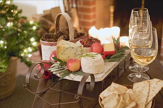 奶酪,饼干,白葡萄酒,正面,壁炉,圣诞节