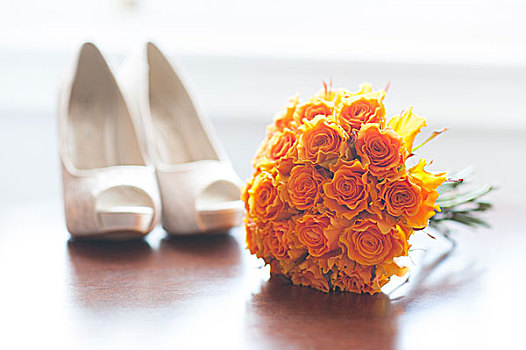 婚礼,鞋,花束,橙色,玫瑰
