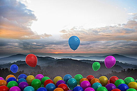 许多,彩色,气球,高处,风景