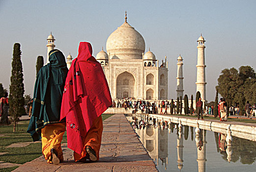 印度,阿格拉,两个女人,泰姬陵,河
