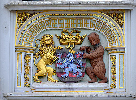 狮子,熊,盾徽,宫殿,执法,世界遗产,布鲁日,佛兰德地区,比利时,欧洲