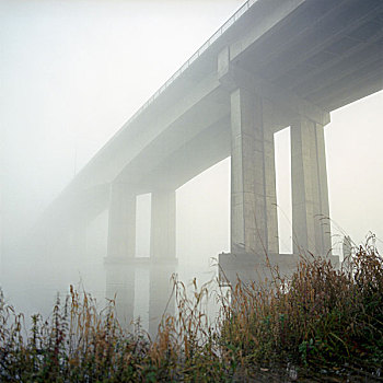 风景,桥,雾状,早晨,里士满,不列颠哥伦比亚省,加拿大