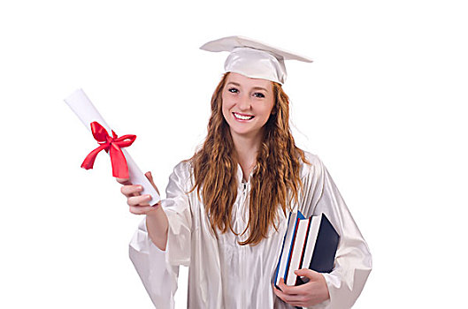 毕业,女孩,证书,书本,隔绝,白色背景