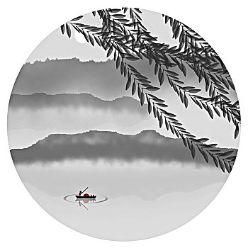 圆形中国风水墨山水画