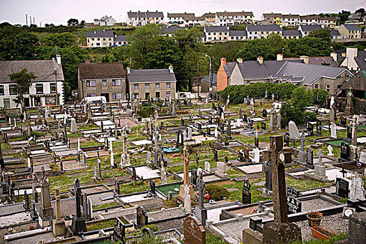 爱尔兰,高,俯视,教堂,墓地,乡村,房子