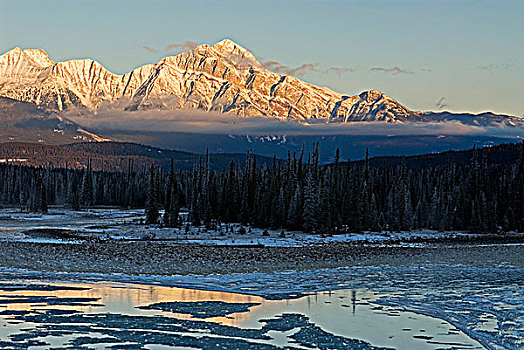 坐,朝霞,早,冬天,冰,阿萨巴斯卡河,靠近,艾伯塔省,加拿大