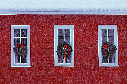 美国,密歇根,三个,圣诞节,校舍,窗户,下雪