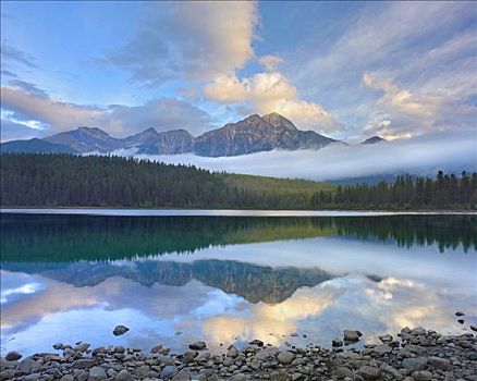 北方针叶林,反射,湖,碧玉国家公园,艾伯塔省,加拿大