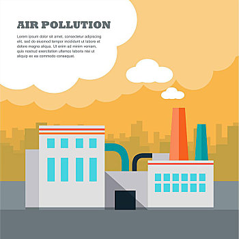 空气污染,概念,工厂,建筑,管,烟,室外,两个,烟囱,电厂,排放,上方,城市,矢量,插画