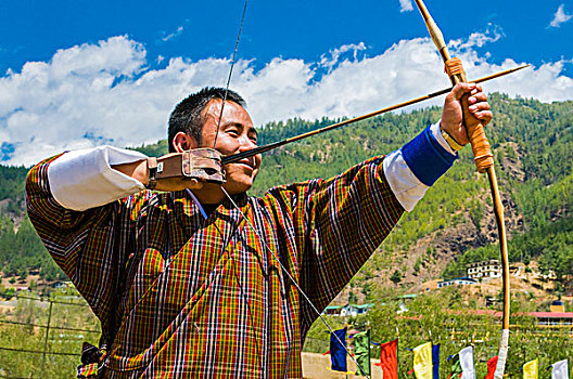 傳統,衣服,男人,練習,射箭,廷布,不丹