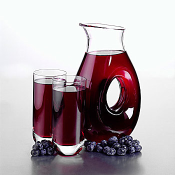 罐,蓝莓,果汁,两个,满,玻璃杯,松,浆果