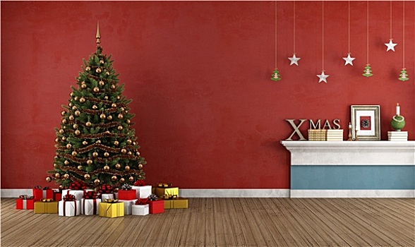 老,红色,房间,圣诞树