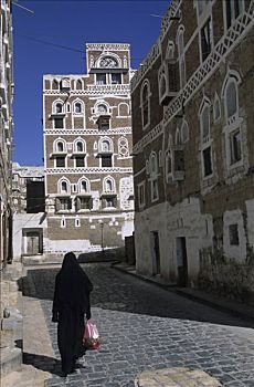 也门,萨那,女人,走,街道,老城