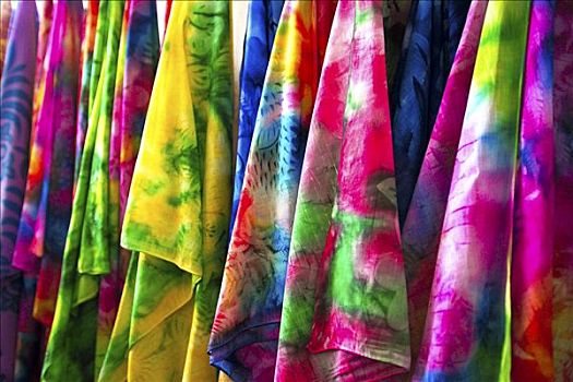 法属玻利尼西亚,塔希提岛,帕皮提,特写,许多,彩色,印花方巾,出售,市场