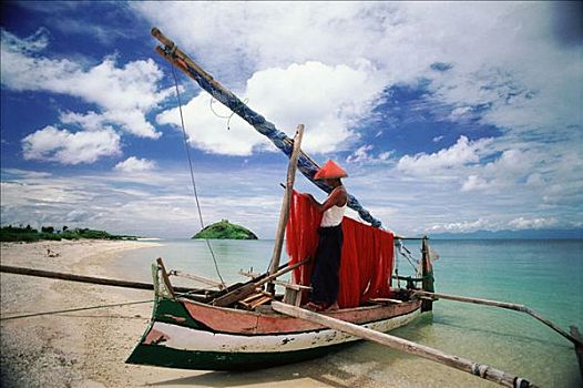 印度尼西亚,龙目岛,捕鱼者,护理,网,海滩