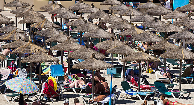 旅游,海滩,沙滩椅,伞,马略卡岛,巴利阿里群岛,西班牙,欧洲