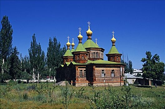 吉尔吉斯斯坦,圣三一教堂,大教堂,俄国东正教堂,木头,波纹板,苏联,俄罗斯,军事,行政