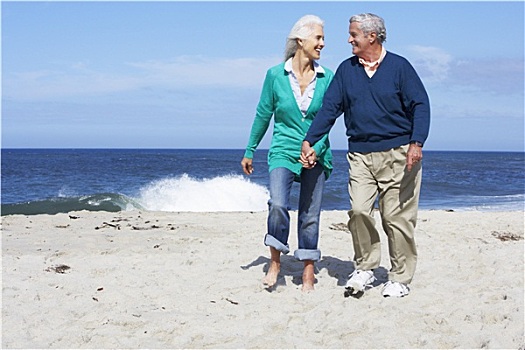 老年,夫妻,走,海滩,一起