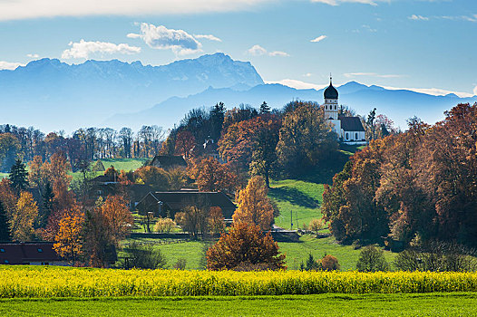 小教堂,靠近,后面,山脉,楚格峰,上巴伐利亚,巴伐利亚,德国,欧洲