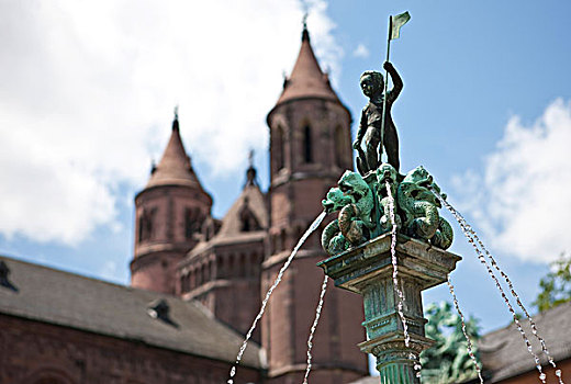 喷泉,正面,蠕虫,大教堂,三个,莱茵兰普法尔茨州,德国,欧洲