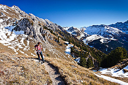 攀登,走,徒步旅行,高山,草场,山谷,意大利,欧洲