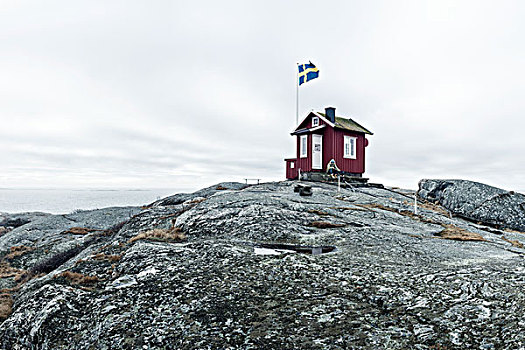 房子,岩石上,瑞典人,旗帜