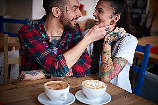 情侣,咖啡馆,面对面,微笑