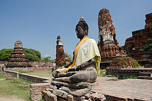 泰国,大城府,玛哈泰寺,寺院,历史,皇家,背影,联合国教科文组织,佛像,黄色,长袍,庙宇,远景