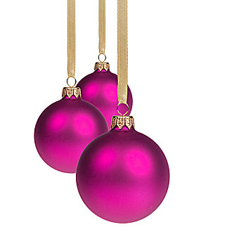 三个,紫色,圣诞节,彩球,悬挂,丝带,隔绝,白色背景