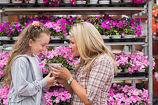 女儿,嗅,植物,花卉商店