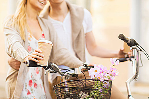 暑假,自行车,爱情,关系,约会,概念,特写,情侣,拿着,咖啡,骑自行车