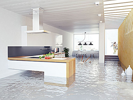 洪水,厨房,现代,室内,概念