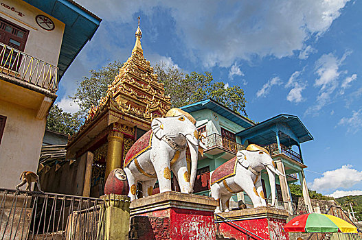 装饰,入口,大,白色,大象,寺庙,上面,波芭山,缅甸