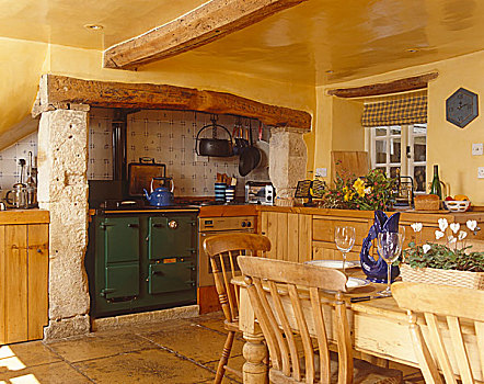 松树,桌子,椅子,中心,黄色,乡村风格,厨房
