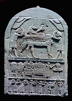 埃及人,石碑,展示,阿努比斯,准备,木乃伊,艺术家,未知