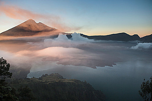 湖,火山,黎明,龙目岛,印度尼西亚