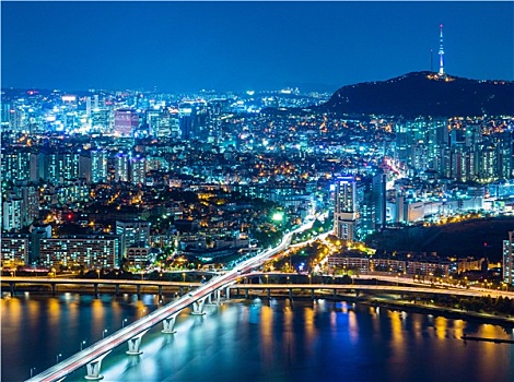 首尔,韩国,天际线,夜晚