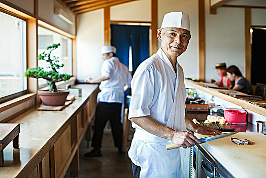 两个,厨师,工作,台案,日本人,寿司,餐馆