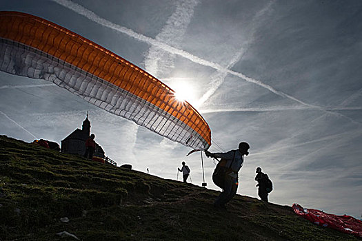 滑翔伞,滑伞运动,开端,小教堂,德国,巴伐利亚,上巴伐利亚